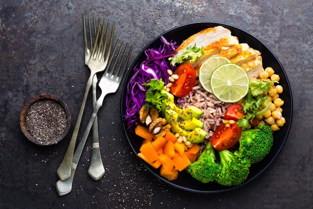A healthy rice bowl with veggies is an example of the nutritious meals served at the senior living communities in Concord, CA